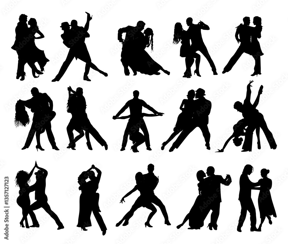 Obraz premium Silhouettes of different Dancing Couples, Dancers Tango, Salsa, Bachata, Flamenco, Latina Dance. Young men and women in dance poses. Vector black illustrations isolated