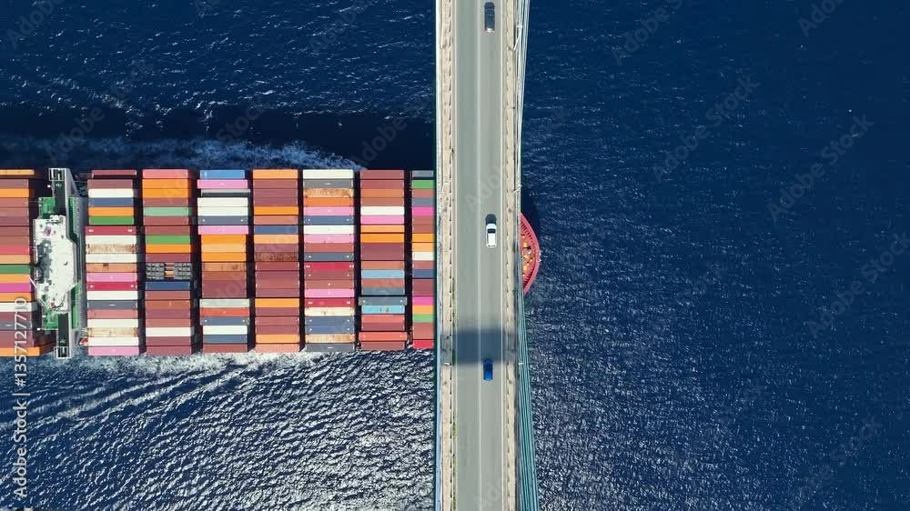 Transport concept with an aerial overhead view of a very big container super cargo ship passing under a bridge with car traffic