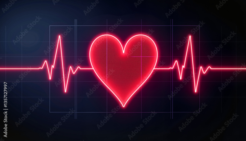 Glowing heart-shaped ECG waveform on monitor, symbolizing life-saving care Glowing heart-shaped ECG waveform on monitor, symbolizing life-saving care
