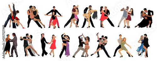 Set of different Dancing Couples, Dancers Tango, Salsa, Bachata, Flamenco, Latina Dance. Young men and women in dance poses. Vector realistic illustration isolated