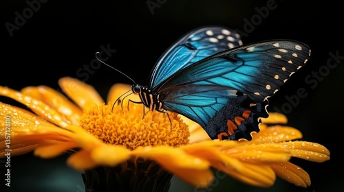 Vibrant blue butterfly on dew-kissed, bright orange flower, dark background photo