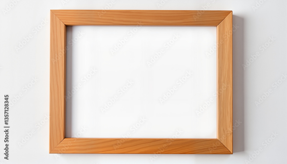 Blank wooden picture frame on white wall, symbolizing cherished memories Blank wooden picture frame on white wall, symbolizing cherished memories