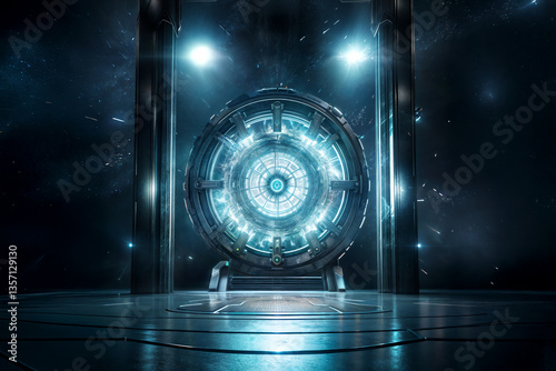 Circular Blue Glowing Sci-fi large Door with two pilars in center of a futuristic room of an unknown alien place with a dark space background