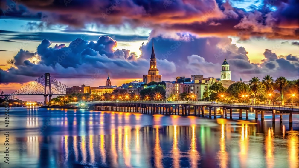 Obraz premium Charleston South Carolina Skyline Night Photography - Dramatic Cityscape