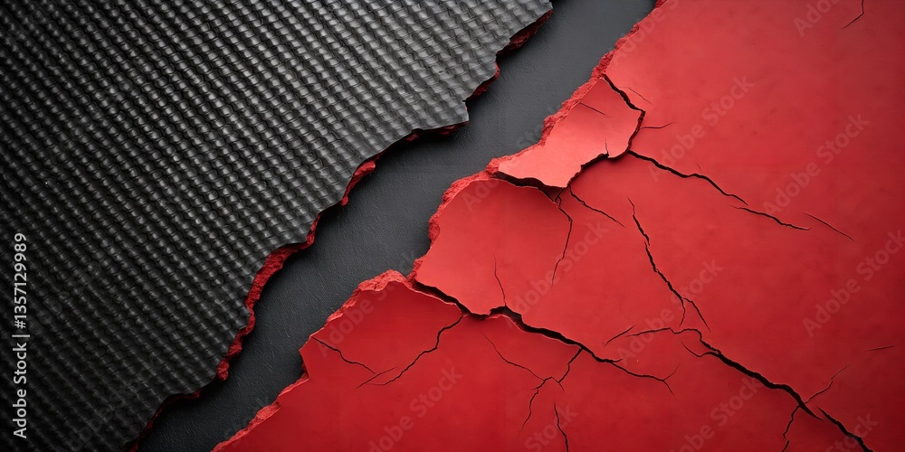 Fototapeta premium contrasting background consisting of two parts, dark with carbon fiber texture and red with torn paper or cracked surface effect