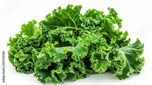 A handful of fresh baby kale leaves, isolated on a transparent white background, with dark green curly leaves  photo