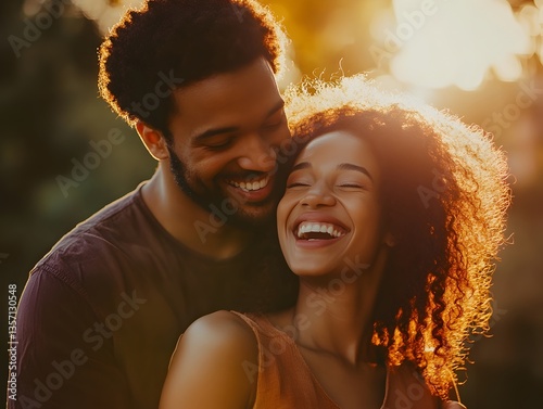 A happy young African American couple embraces joyfully at sunset sha a tender moment of love and laughter outdoors.