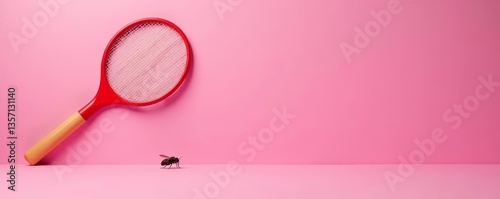 Vibrant pink background with fly swatter and insect on surface, surface, pest control