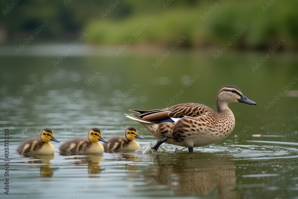 Duck family swimming on tranquil lake with ducklings Duck family swimming on tranquil lake with ducklings