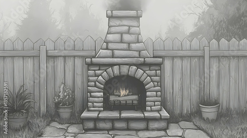 Backyard stone fireplace burning wood, foggy morning