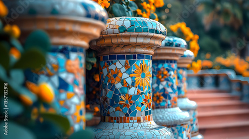 Colorful mosaic columns adorned with flowers in a vibrant outdoor setting.