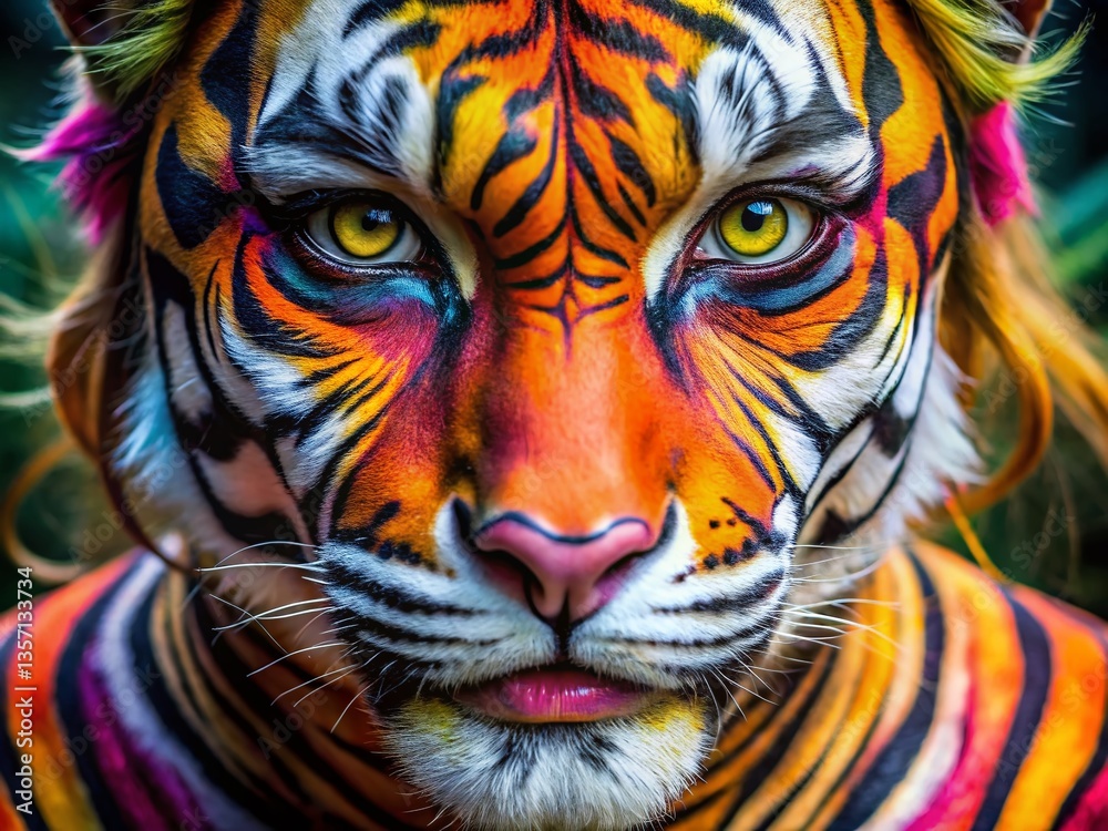Close-up Macro Shot of Vibrant Tiger Face Paint Design Close-up Macro Shot of Vibrant Tiger Face Paint Design