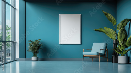 Mockup of white horizontal poster frame on modern wall in minimalist waiting room interior with metallic chairs,green plants, perfect for advertisement , information board design. Banner, copy space