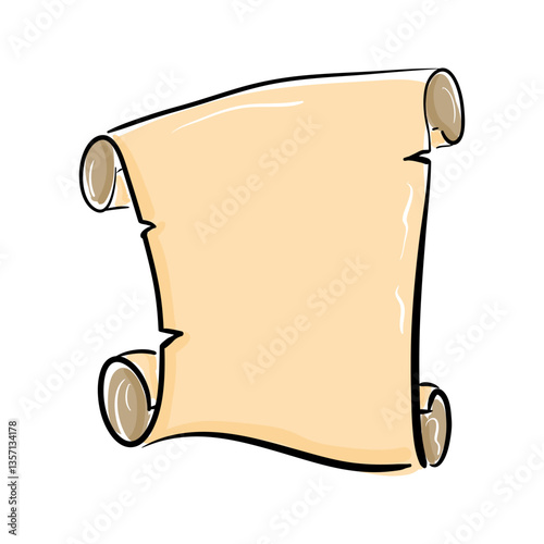 Blank open old scroll. Torn papyrus drawn in cartoon style. Antique paper. Vector illustration of vintage document isolated on white background.