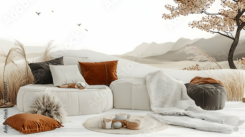 Cozy autumn living room with mountain mural