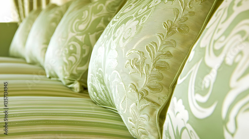 Green patterned pillows on striped sofa, interior design