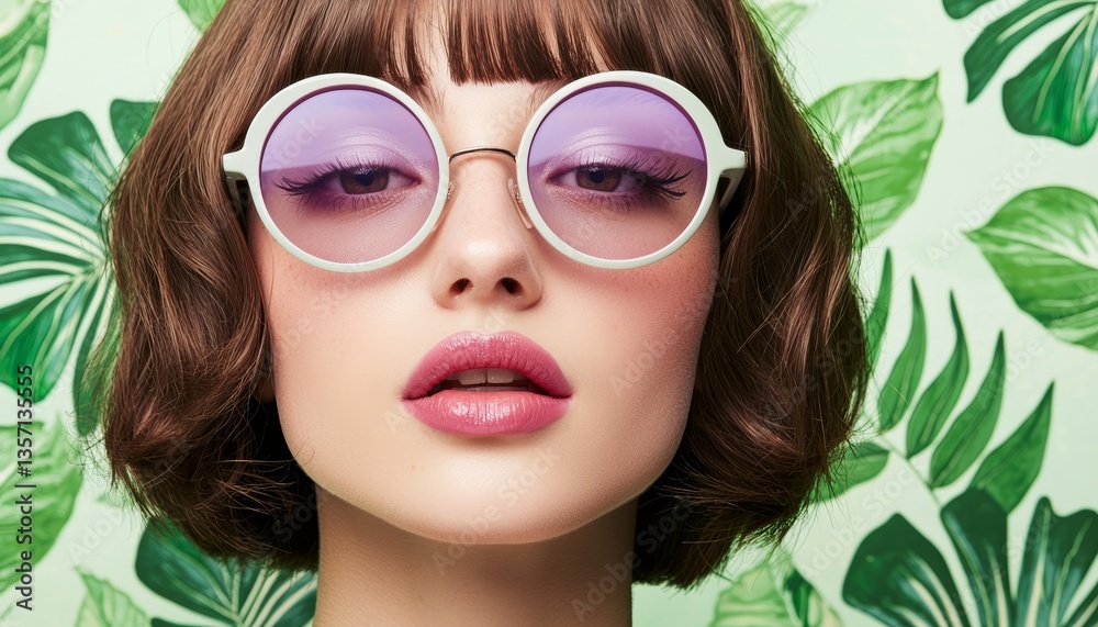 Charming and delicate retro-style woman with golden brown waves, round pastel purple glasses, and a faded soft green floral wallpaper with vintage textures. Charming and delicate retro-style woman with golden brown waves, round pastel purple glasses, and a faded soft green floral wallpaper with vintage textures.
