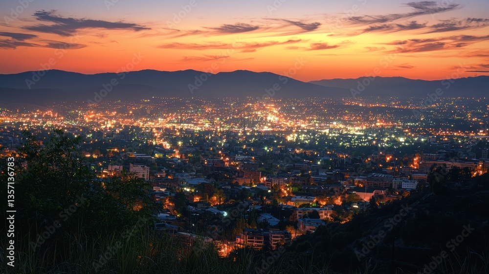 Obraz premium Sunset Cityscape: A Panoramic View of a Vibrant City at Dusk