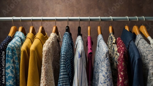 A neatly arranged row of clothes hanging on a rack, ideal for showcasing fashion collections, retail displays, or personal wardrobe organization