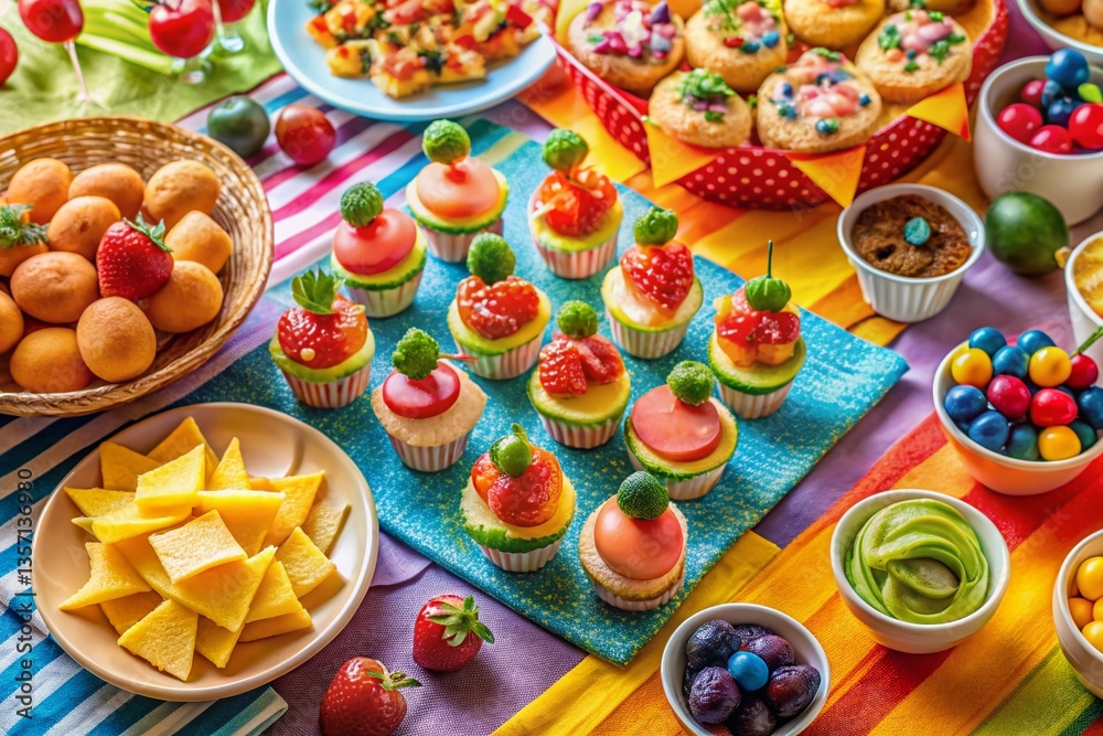 Fototapeta premium Colorful Party Food Buffet Spread: Delicious Treats & Festive Snacks