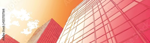 Cityscape sunrise  modern buildings  orange sky  urban architecture  business backdrop