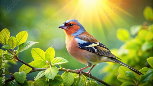 Common Chaffinch Perched on Green Branch - Springtime Bird Photography