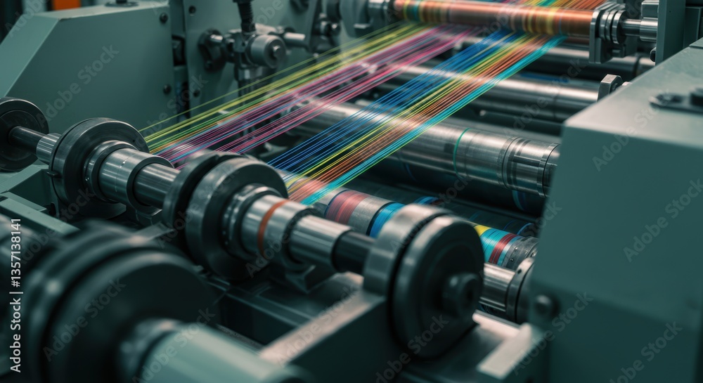 Naklejka premium Colorful threads in textile machine weaving process at industrial factory
