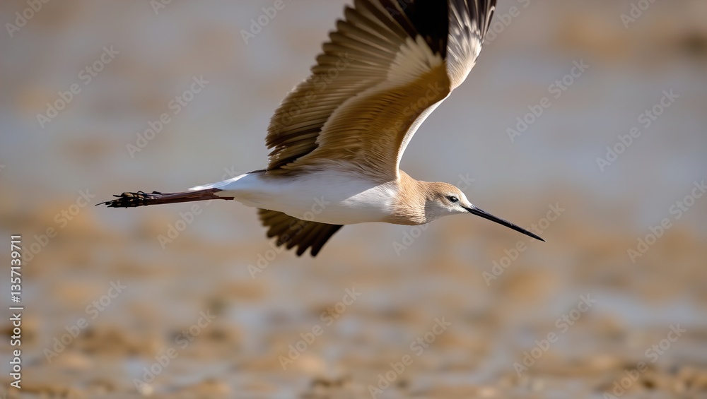 Obraz premium a majestically soaring bar-tailed Godwit with its long beak