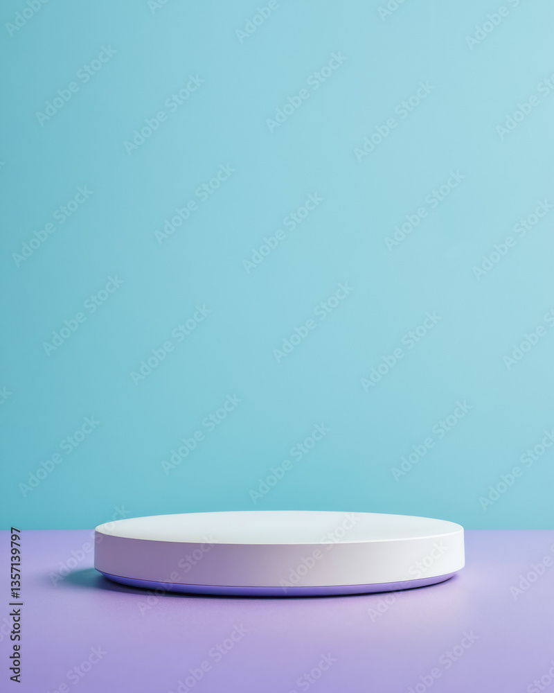 Minimalist display featuring a round, white platform against a pastel blue and purple background, perfect for product showcasing. Minimalist display featuring a round, white platform against a pastel blue and purple background, perfect for product showcasing.