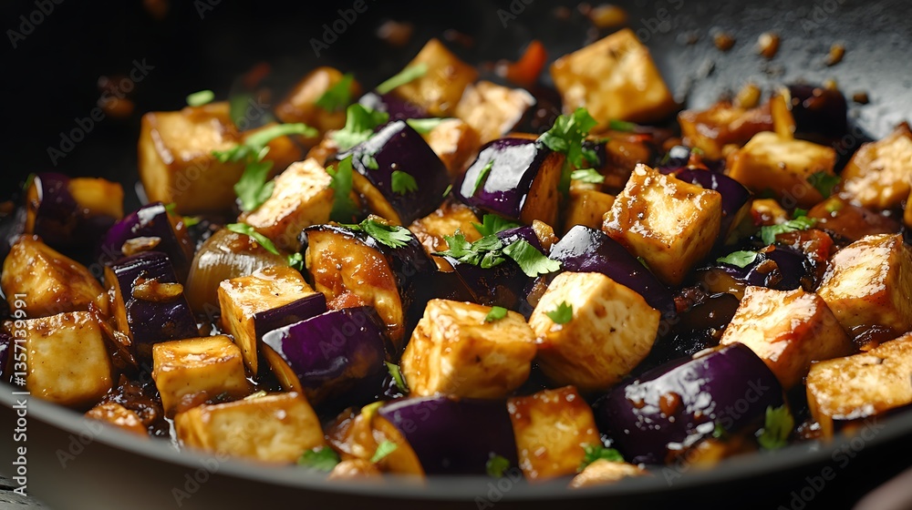 Side view of eggplant and tofu frying in a pan. Side view of eggplant and tofu frying in a pan.