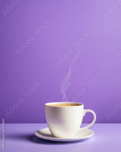A steaming cup of coffee on a vibrant purple background, perfect for morning routines and cozy vibes.