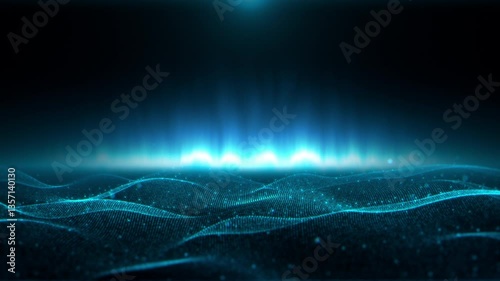 Beautiful abstract futuristic digital technology energy particles blue background seamless loop 4K. Futuristic digital cyber data particles dots waves background. Digital technology AI loop backdrop.