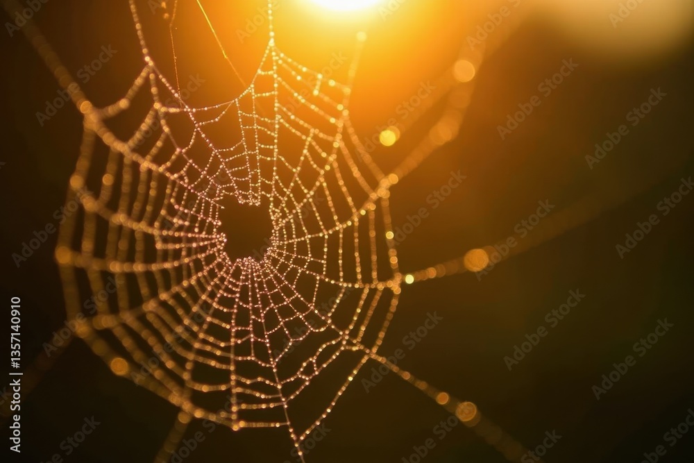 Fototapeta premium Sunlit spiderweb in autumn morning glow