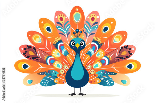 Colorful peacock illustration with vibrant feathers displayed.