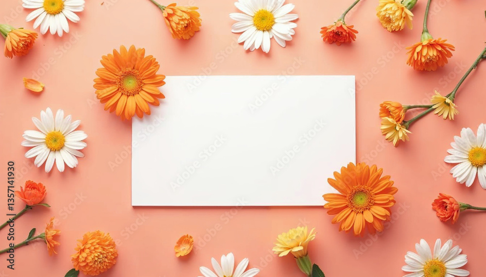 Obraz premium Blank Card Surrounded by Orange and White Flowers