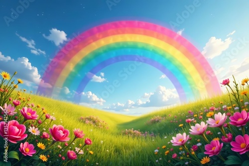 Vibrant rainbow landscape with blooming flowers, flowers, nature