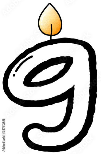 Hand drawn doodle font number 9 with candle pattern, number for worksheet