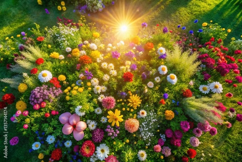 Aerial Drone View of Colorful Flower Field, Stunning Floral Design, Spring Bloom