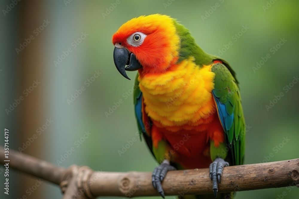 Colorful parrot perched on branch in lush green environment Colorful parrot perched on branch in lush green environment