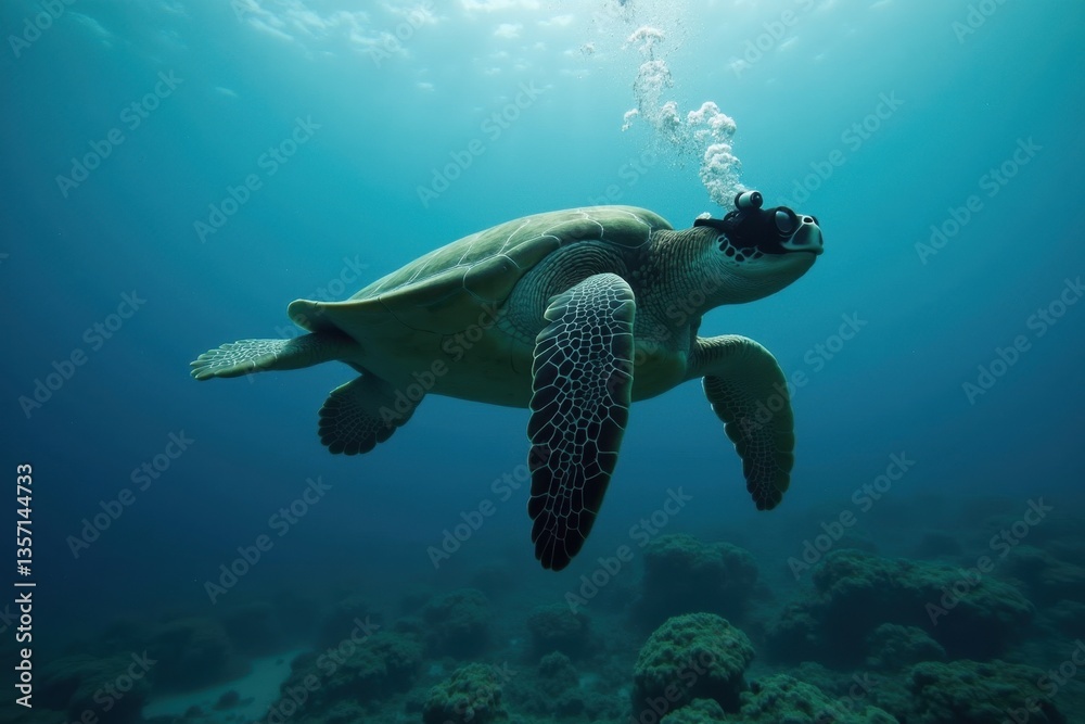 Fototapeta premium Sea turtle swimming underwater with bubbles