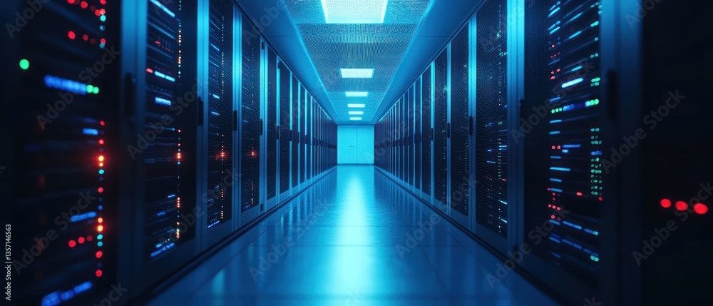 Fototapeta premium High-tech server room illuminated by blue lights, showcasing data storage