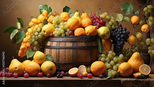 Display of assorted fruits including lemons, oranges, apples, grapes, and pears, arranged on and around wooden barrels.