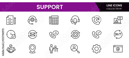  Support  Outline Icon Collection. Thin Line Set contains such Icons as Online Help, Helpdesk, Quick Response, Feedback and more. Simple web icons set.