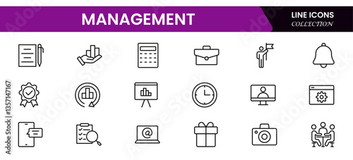 Management set of web icons inline style. Business or organization management icons for web and mobile app. Time management, planning, project, startup, marketing. Vector illustration