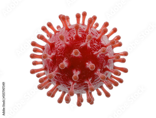A 3D rendered image of a red virus cell against a transparent background, highlighting its distinct spiky surface and the microscopic threat it represents