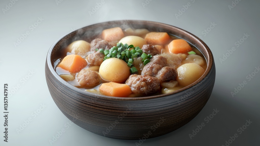 side view of a bowl of oden soup hot pot, with a simple plain background, Realistic photography, side view of a bowl of oden soup hot pot, with a simple plain background, Realistic photography,