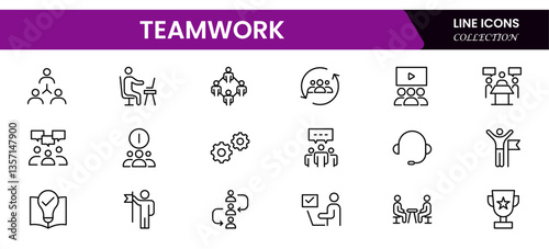 Teamwork linear icons collection. Set of coworking space icons. Business teamwork, team building, work group, and human resources minimal thin line web icon set.
