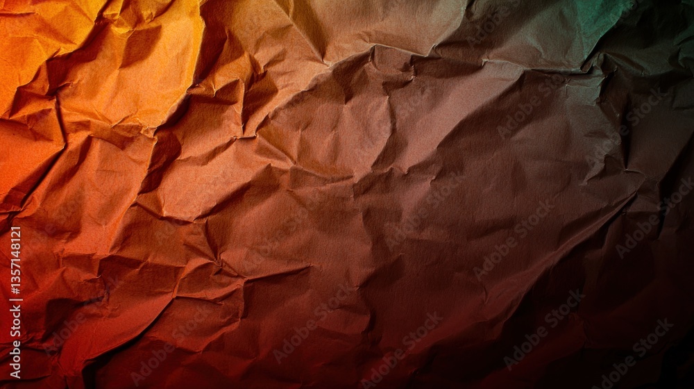 Crumpled paper texture with vibrant orange and green hues, ideal for backgrounds and design projects Crumpled paper texture with vibrant orange and green hues, ideal for backgrounds and design projects