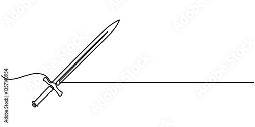 Continuous line drawing of sword, doodle icon design, object one line, single line art, vector illustration, Hand holding sword continuous line art drawing. Hand-drawn sword outline vector isolated. 