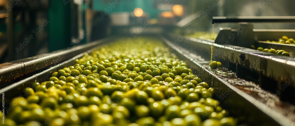 Olive oil production process: green olives pass through a conveyor belt, golden oil flows out of them. Ideal for cooking blogs, food advertising, and articles about agriculture and manufacturing. Olive oil production process: green olives pass through a conveyor belt, golden oil flows out of them. Ideal for cooking blogs, food advertising, and articles about agriculture and manufacturing.